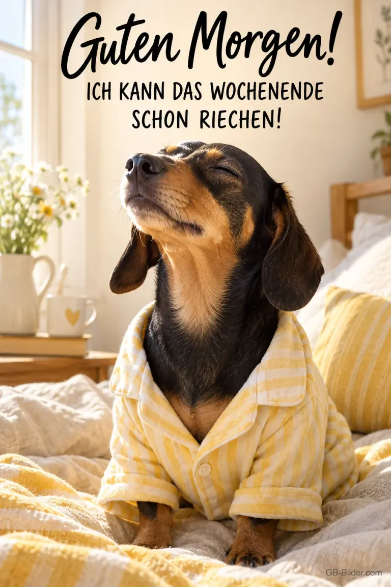 Schnuppernder Dackel im Schlafanzug, Text: Guten Morgen