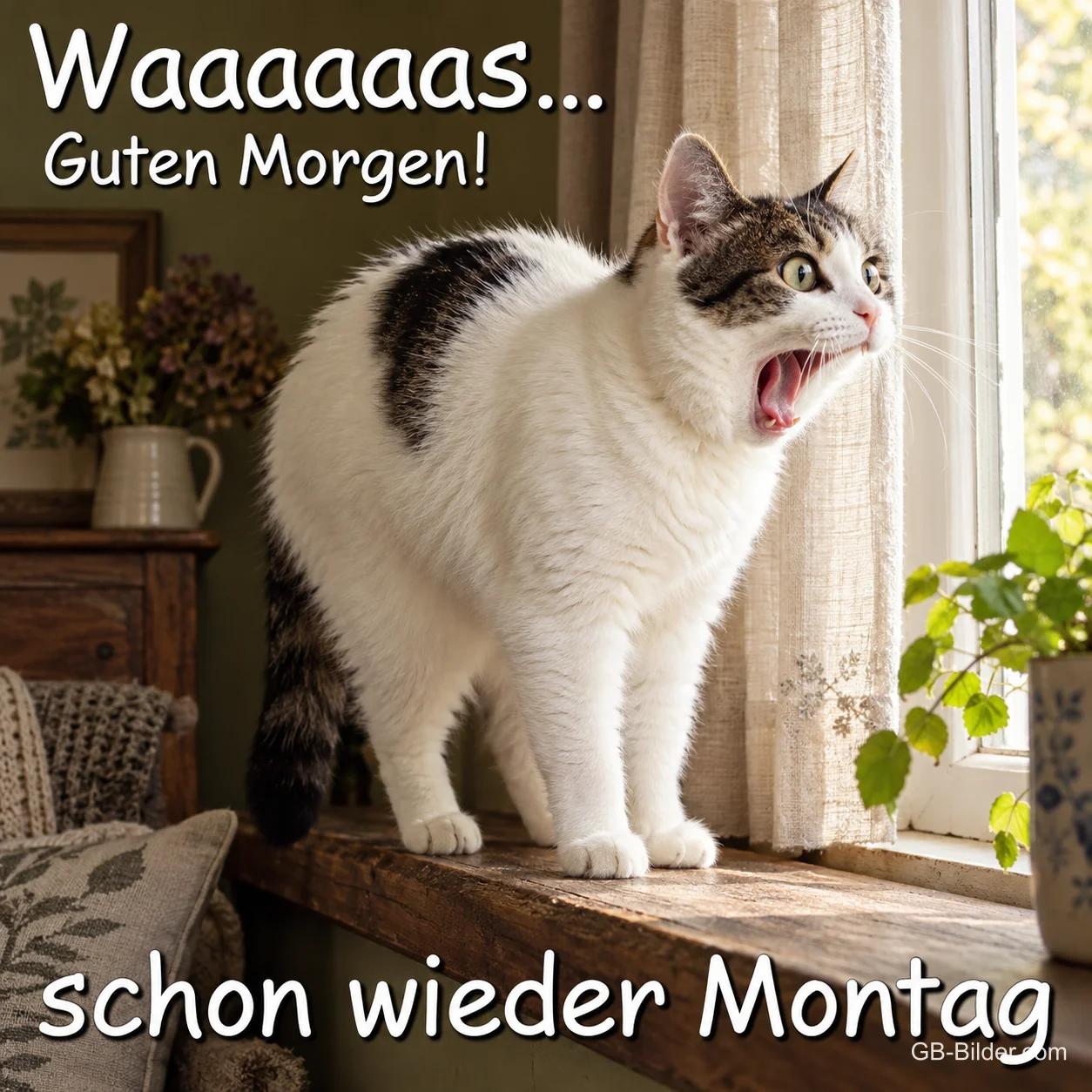 Entsetzte Katze am Fenster, lustiger Text, Text: Waaaaaas