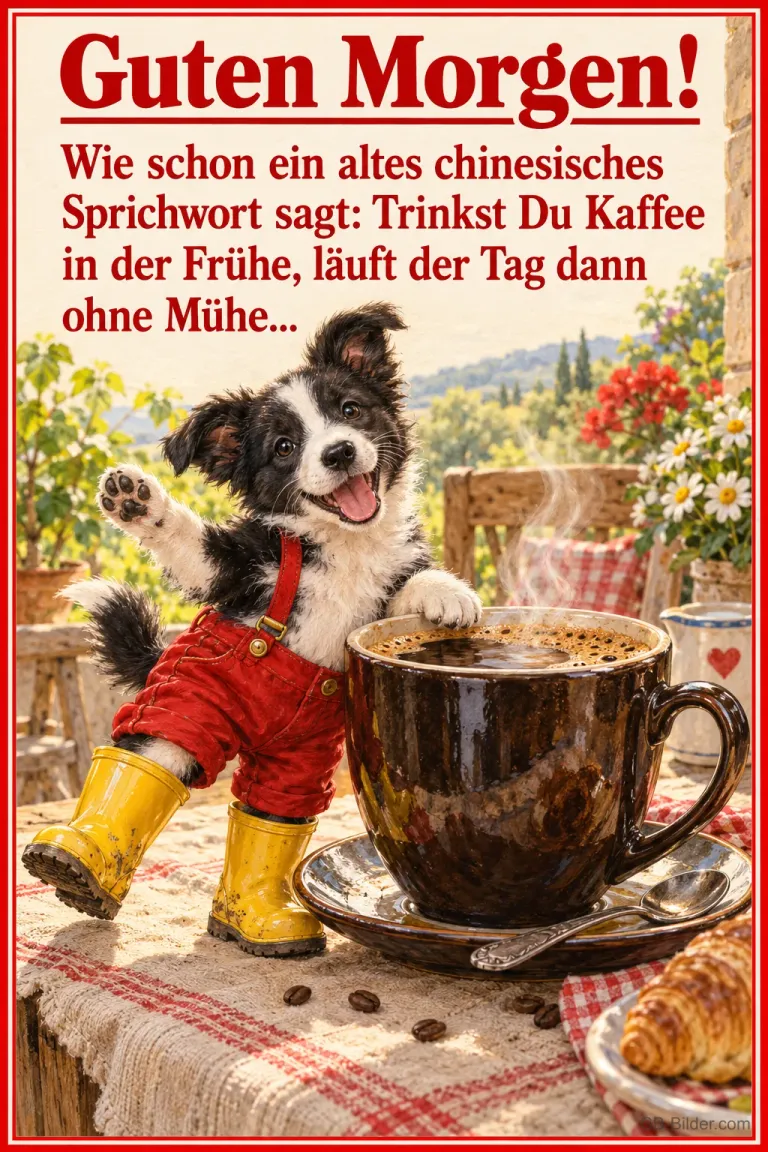 Welpe in Latzhose und Gummistiefeln winkt neben einer großen Kaffeetasse, Text: Guten Morgen! Wie schon ein altes chinesisches Sprichwort sagt: Trinkst Du Kaffee in der Frühe, läuft der Tag dann ohne Mühe...