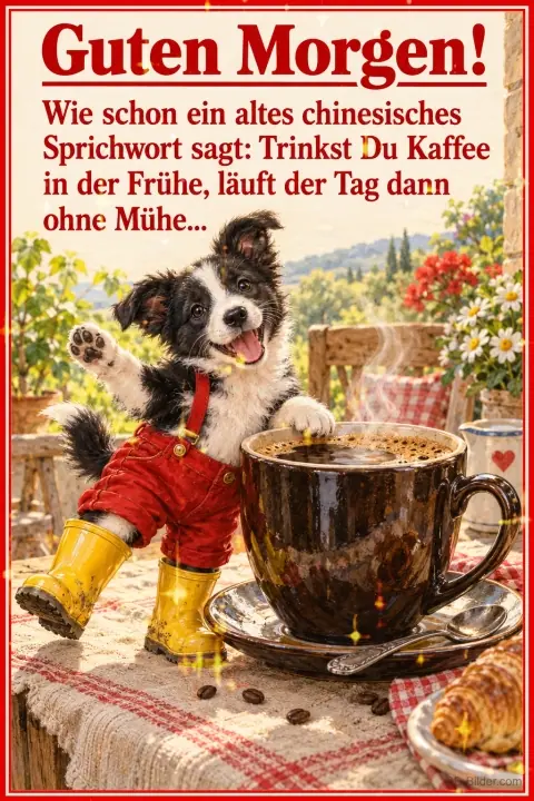 Welpe in Latzhose und Gummistiefeln winkt neben einer großen Kaffeetasse, Text: Guten Morgen! Wie schon ein altes chinesisches Sprichwort sagt: Trinkst Du Kaffee in der Frühe, läuft der Tag dann ohne Mühe... Welpe in Latzhose und Gummistiefeln winkt neben einer großen Kaffeetasse, Text: Guten Morgen! Wie schon ein altes chinesisches Sprichwort sagt: Trinkst Du Kaffee in der Frühe, läuft der Tag dann ohne Mühe...