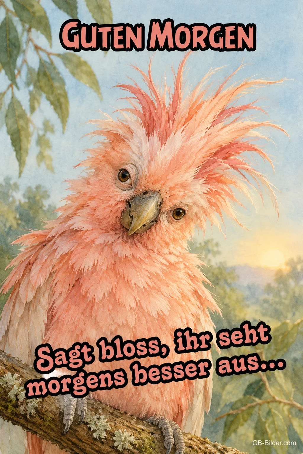 Zerzauster rosa Vogel, lustiger Spruch, Text: Guten Morgen