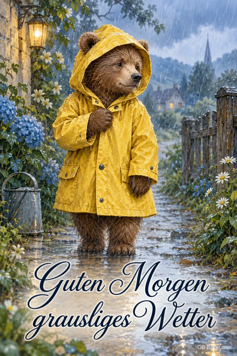 Bär im Regenmantel, Text: Guten Morgen grausliges Wetter
