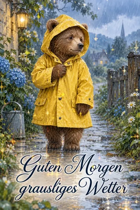 Bär im Regenmantel, Text: Guten Morgen grausliges Wetter