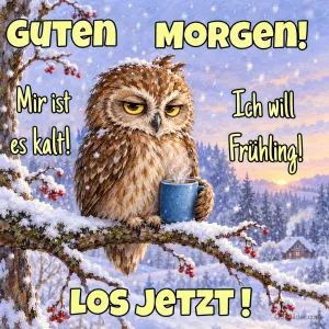 Eule mit Tasse im Schnee, Text: Guten Morgen