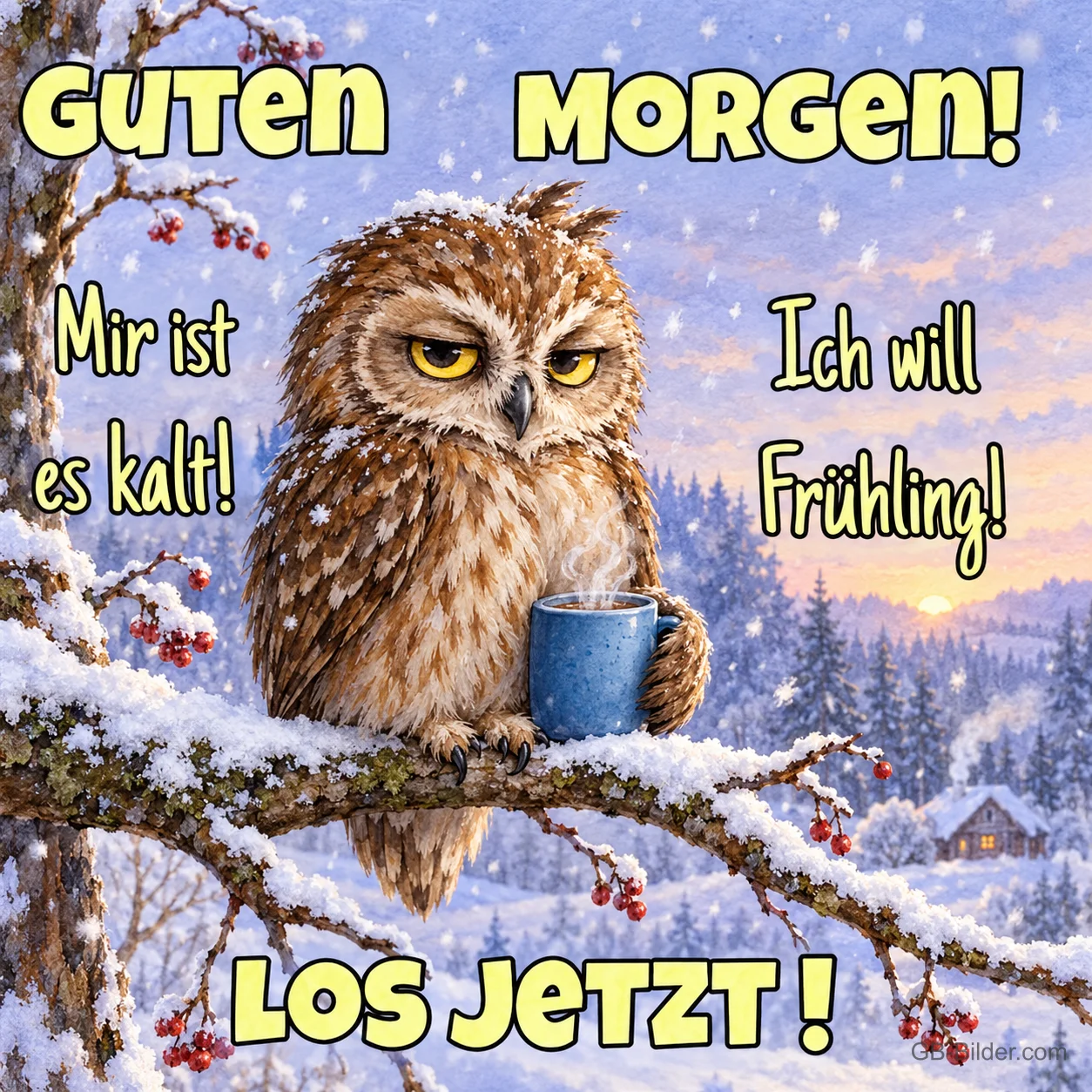 Eule mit Tasse im Schnee, Text: Guten Morgen