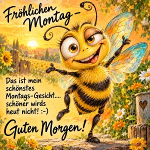 Biene mit großen Augen grinst und winkt, Text: Fröhlichen Montag – Das ist mein schönstes Montags-Gesicht.... schöner wirds heut nicht! :-) Guten Morgen!