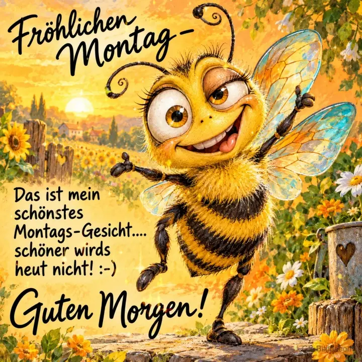 Biene mit großen Augen grinst und winkt, Text: Fröhlichen Montag – Das ist mein schönstes Montags-Gesicht.... schöner wirds heut nicht! :-) Guten Morgen! Biene mit großen Augen grinst und winkt, Text: Fröhlichen Montag – Das ist mein schönstes Montags-Gesicht.... schöner wirds heut nicht! :-) Guten Morgen!