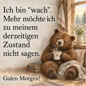 Müder Braunbär mit Tasse, Text: Ich bin wach. Mehr möchte ich zu meinem derzeitigen Zustand nicht sagen. Guten Morgen!
