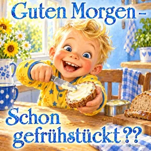 Lachender Junge im Schlafanzug bestreicht ein Brot, Text: Guten Morgen – Schon gefrühstückt??