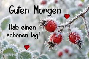 Bereifte Hagebutten, Text: Guten Morgen