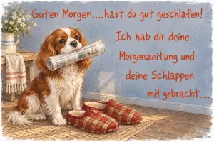 Spaniel mit Zeitung und Hausschuhen, Text: Guten Morgen