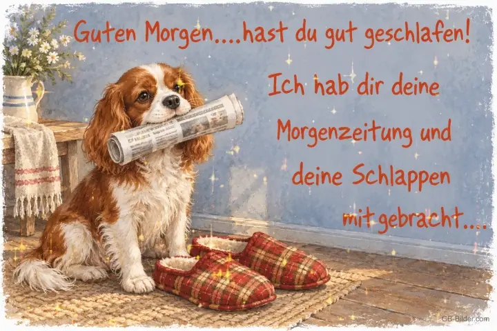 Spaniel mit Zeitung und Hausschuhen, Text: Guten Morgen Spaniel mit Zeitung und Hausschuhen, Text: Guten Morgen