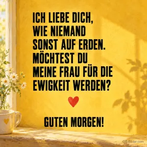 Gelbe Wand mit Herz, Heiratsantrag-Spruch, Guten Morgen!