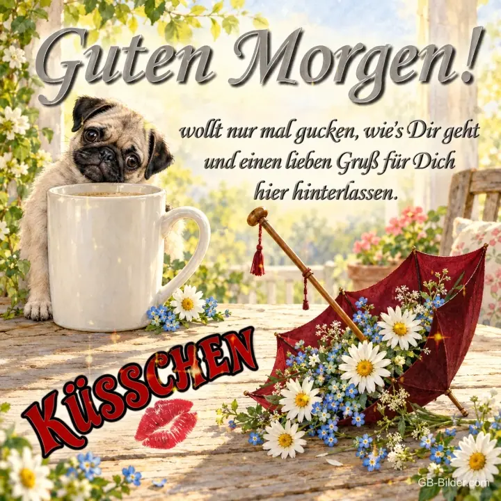Mops schaut aus einer Tasse neben einem roten Schirm mit Blumen, Text: Guten Morgen! Wollt nur mal gucken, wie’s Dir geht und einen lieben Gruß für Dich hier hinterlassen. Küsschen Mops schaut aus einer Tasse neben einem roten Schirm mit Blumen, Text: Guten Morgen! Wollt nur mal gucken, wie’s Dir geht und einen lieben Gruß für Dich hier hinterlassen. Küsschen
