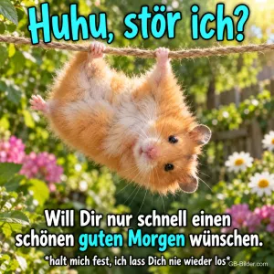 Hamster hängt kopfüber an einem Seil im Blumengarten, Text: Huhu, stör ich? Will Dir nur schnell einen schönen guten Morgen wünschen. *halt mich fest, ich lass Dich nie wieder los*