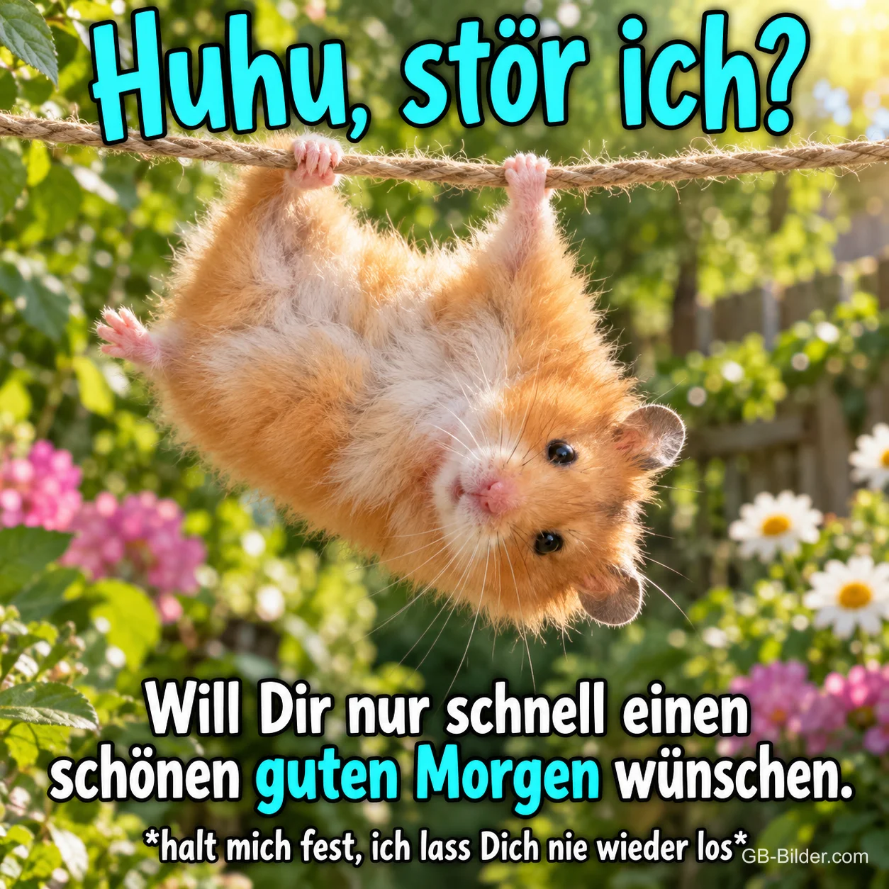 Hamster hängt kopfüber an einem Seil im Blumengarten, Text: Huhu, stör ich? Will Dir nur schnell einen schönen guten Morgen wünschen. *halt mich fest, ich lass Dich nie wieder los*