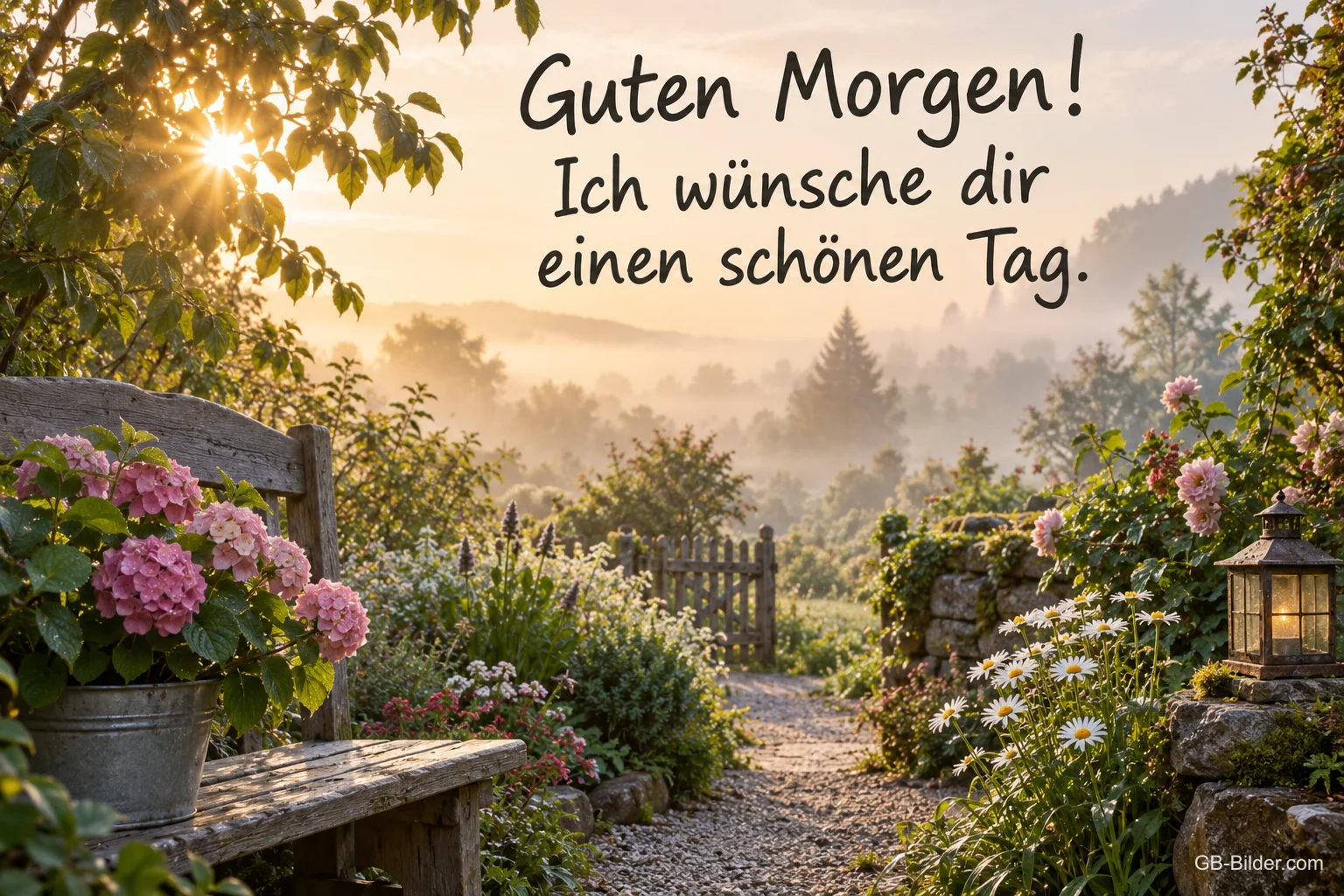 Gartenweg im Morgennebel, Text: Guten Morgen! Ich wünsche dir einen schönen Tag.