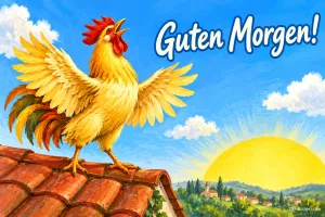 Hahn kräht auf einem Ziegeldach bei Sonnenaufgang, Text: Guten Morgen!