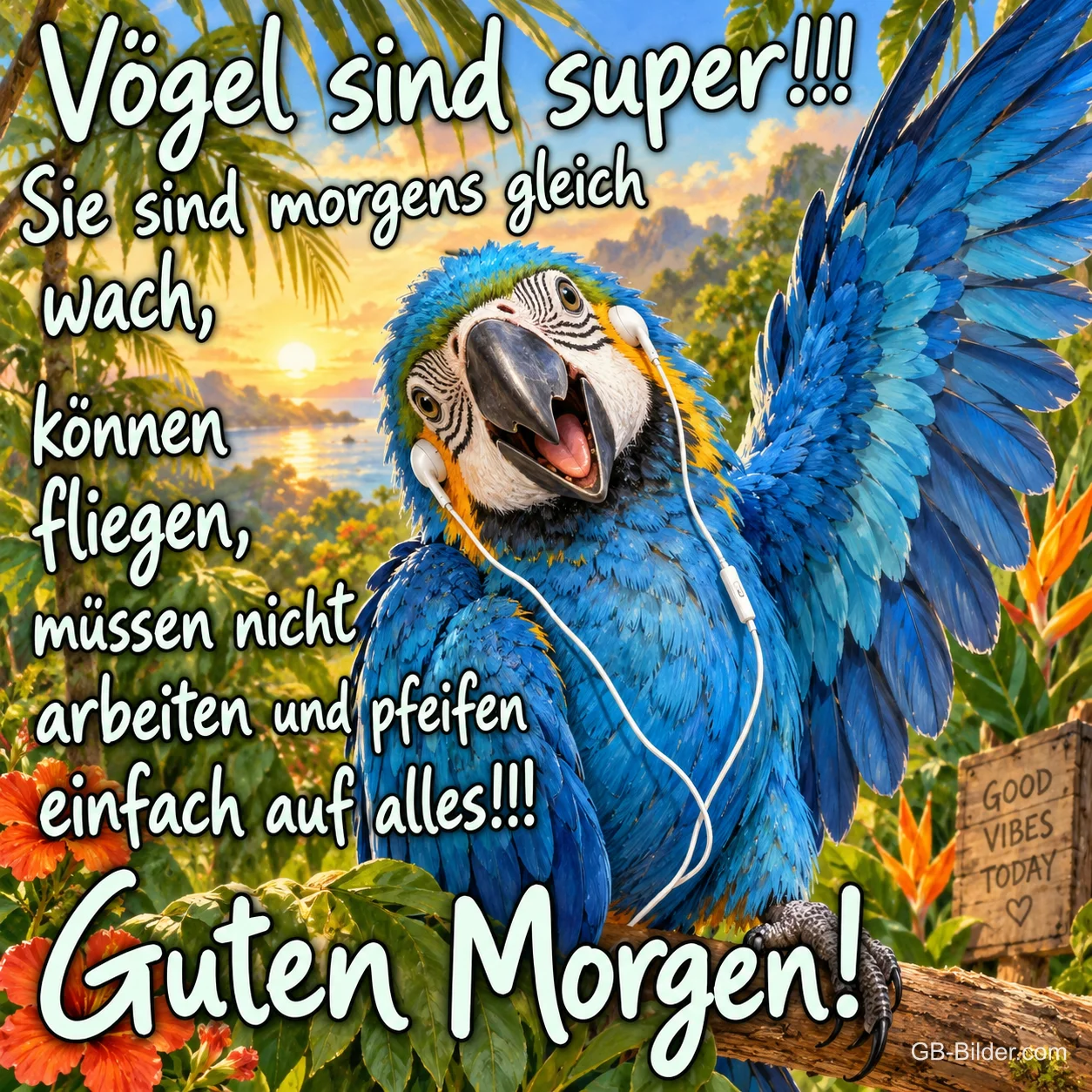 Blauer Ara mit Kopfhörern singt auf einem Ast im Sonnenaufgang, Text: Vögel sind super!!! Sie sind morgens gleich wach, können fliegen, müssen nicht arbeiten und pfeifen einfach auf alles!!! Guten Morgen!