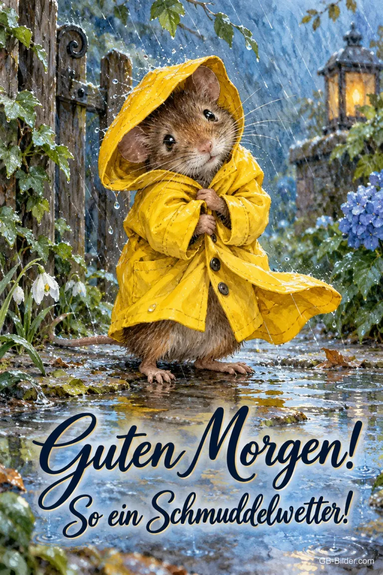 Maus im gelben Regenmantel steht im Regen, Text: Guten Morgen! So ein Schmuddelwetter!