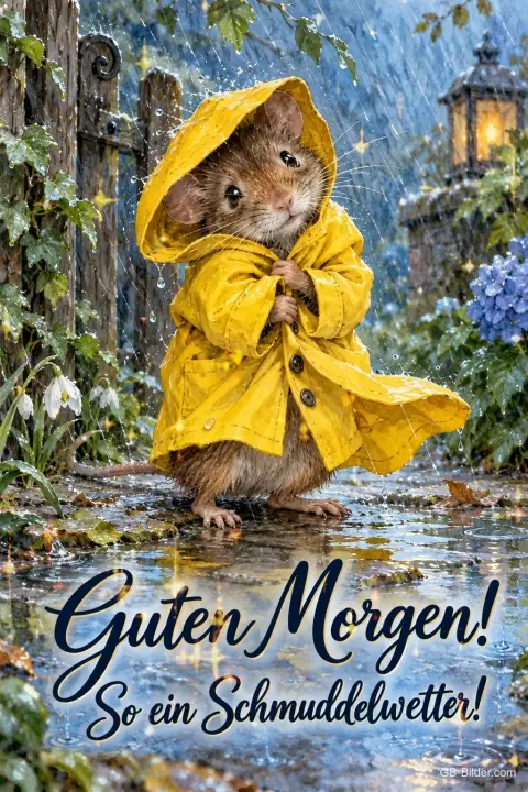 Maus im gelben Regenmantel steht im Regen, Text: Guten Morgen! So ein Schmuddelwetter!