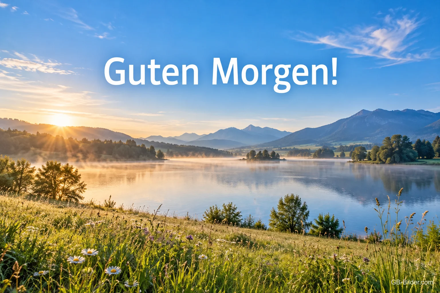 Sonnenaufgang über einem Bergsee, Text: Guten Morgen!
