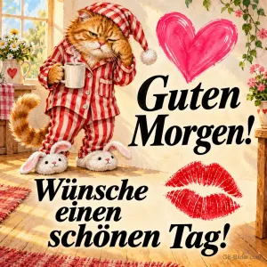 Rote Katze im gestreiften Schlafanzug mit Kaffeetasse und Hasenpantoffeln, Text: Guten Morgen! Wünsche einen schönen Tag!