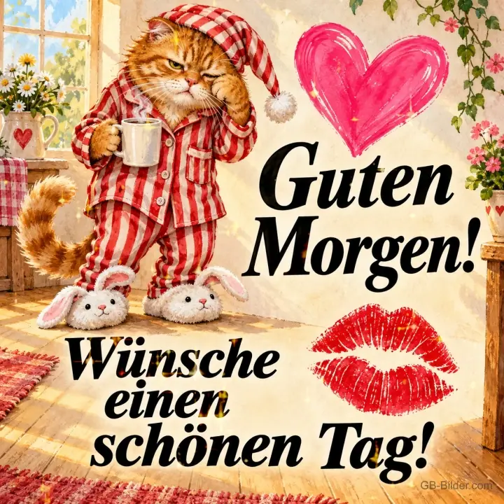 Rote Katze im gestreiften Schlafanzug mit Kaffeetasse und Hasenpantoffeln, Text: Guten Morgen! Wünsche einen schönen Tag!