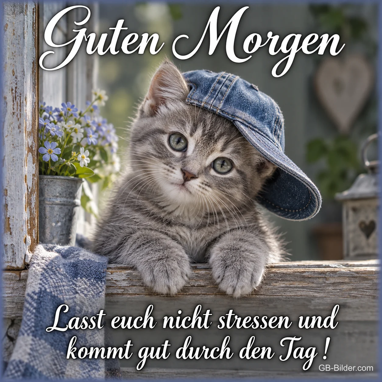 Kätzchen mit Kappe, Text: Guten Morgen