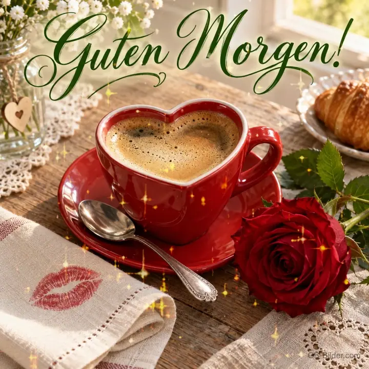 Herzförmige rote Kaffeetasse neben einer roten Rose, Text: Guten Morgen!