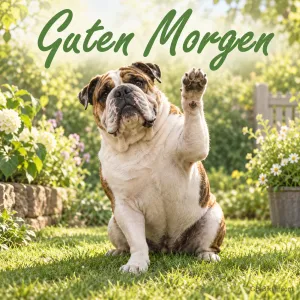 Bulldogge hebt grüßend die Pfote im Garten, Text: Guten Morgen
