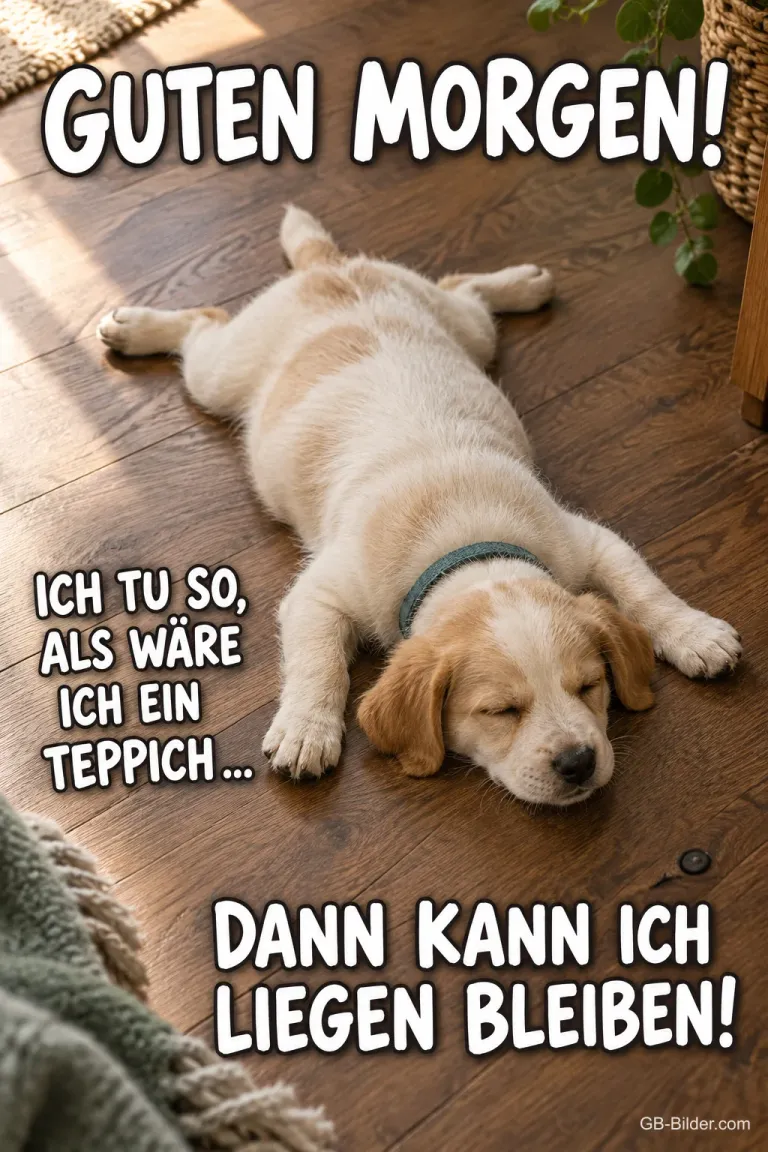 Welpe liegt platt ausgestreckt auf dem Holzboden, Text: GUTEN MORGEN! ICH TU SO, ALS WÄRE ICH EIN TEPPICH… DANN KANN ICH LIEGEN BLEIBEN!