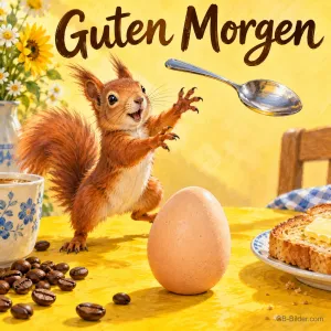 Eichhörnchen springt erschrocken vor einem Frühstücksei mit fliegendem Löffel, Text: Guten Morgen