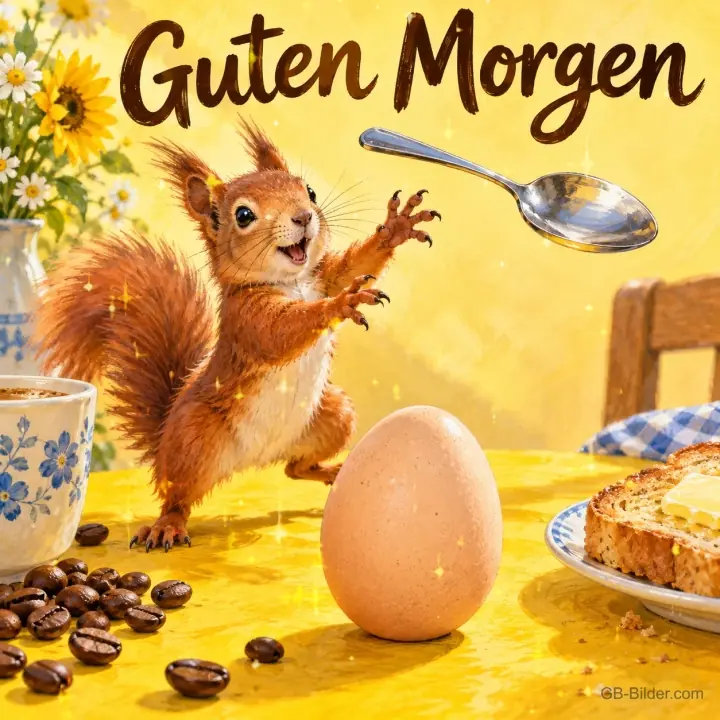Eichhörnchen springt erschrocken vor einem Frühstücksei mit fliegendem Löffel, Text: Guten Morgen