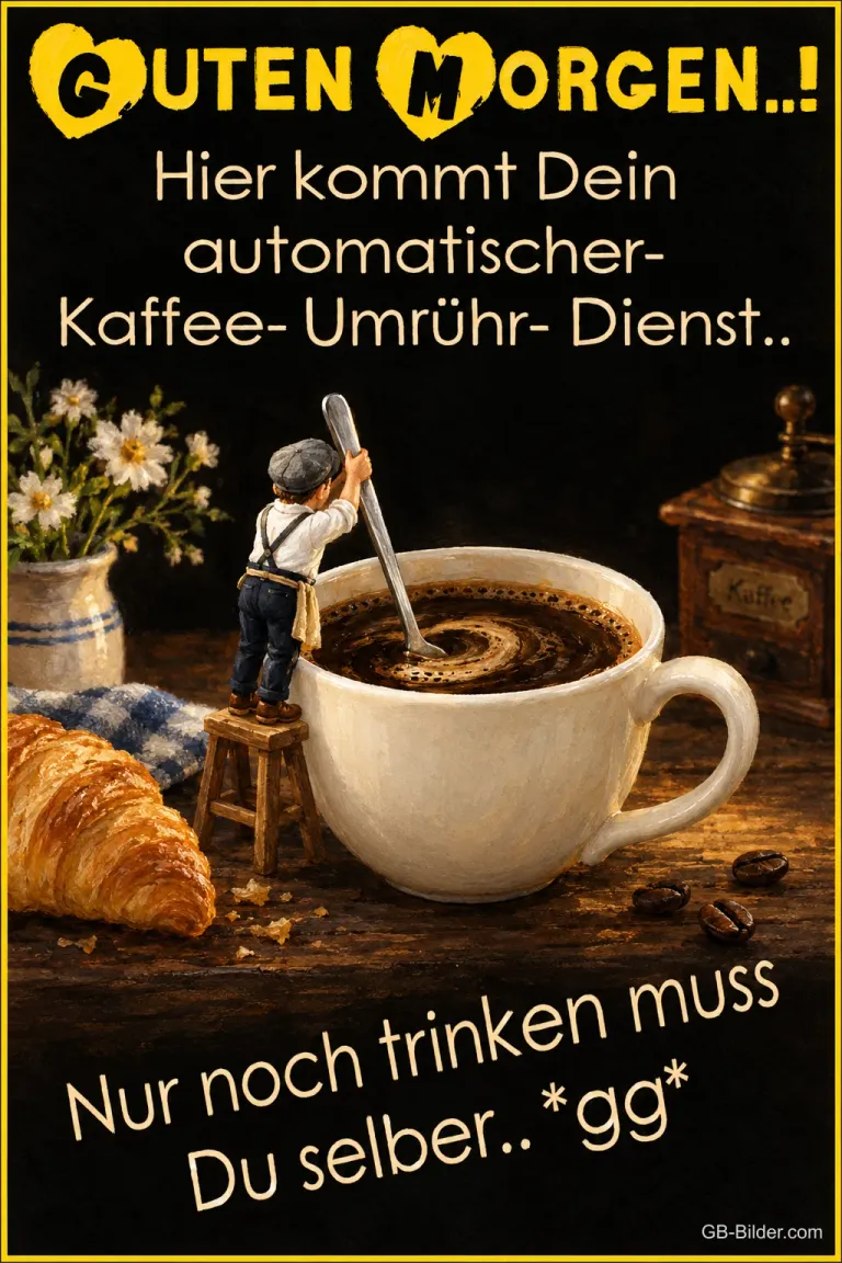 Kleine Figur rührt mit großem Löffel in einer Kaffeetasse, Text: Guten Morgen! Hier kommt dein automatischer Kaffee-Umrühr-Dienst