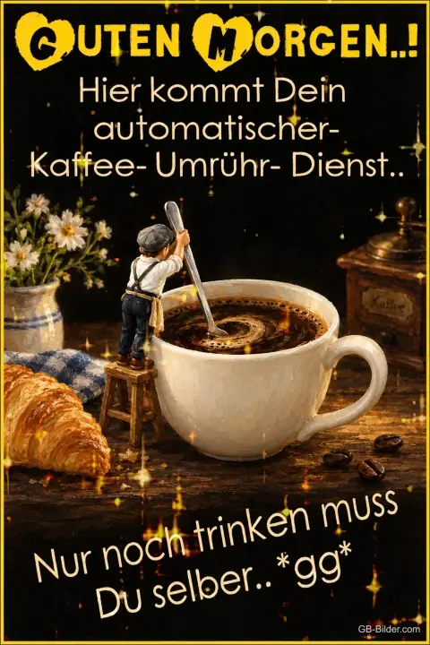 Kleine Figur rührt mit großem Löffel in einer Kaffeetasse, Text: Guten Morgen! Hier kommt dein automatischer Kaffee-Umrühr-Dienst Kleine Figur rührt mit großem Löffel in einer Kaffeetasse, Text: Guten Morgen! Hier kommt dein automatischer Kaffee-Umrühr-Dienst