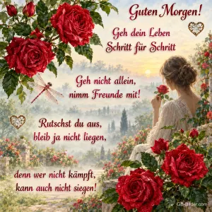 Frau von hinten zwischen roten Rosen, Text: Geh dein Leben Schritt für Schritt, denn wer nicht kämpft, kann auch nicht siegen!