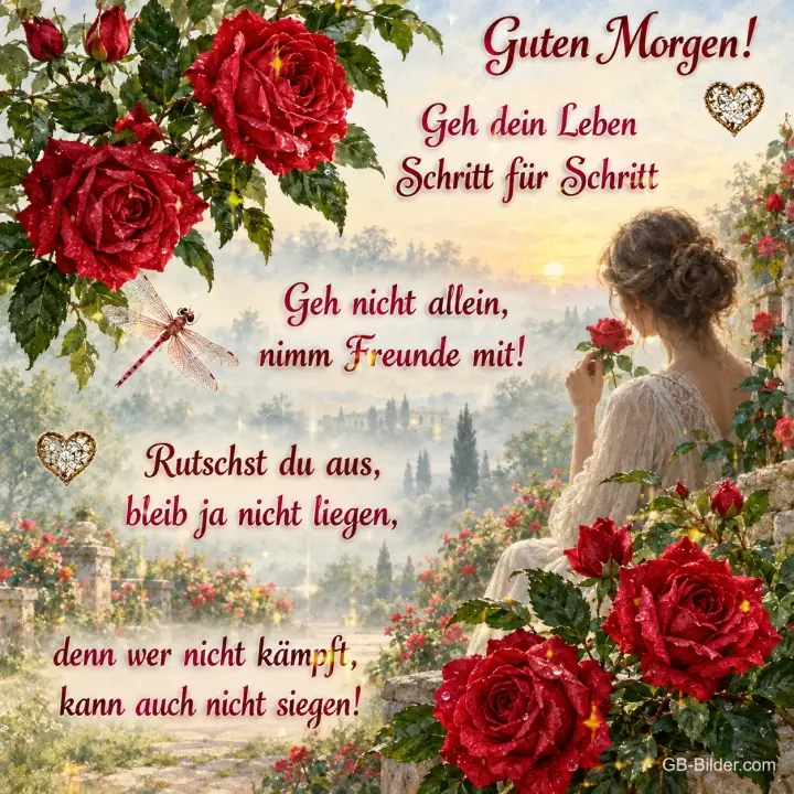 Frau von hinten zwischen roten Rosen, Text: Geh dein Leben Schritt für Schritt, denn wer nicht kämpft, kann auch nicht siegen!