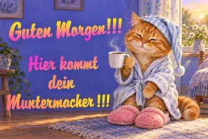 Kater im Bademantel mit Kaffeetasse, Text: Guten Morgen!!! Hier kommt dein Muntermacher!!!