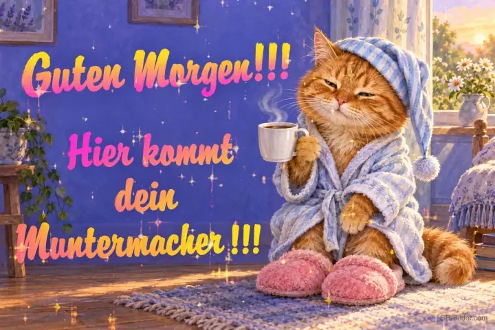 Kater im Bademantel mit Kaffeetasse, Text: Guten Morgen!!! Hier kommt dein Muntermacher!!!