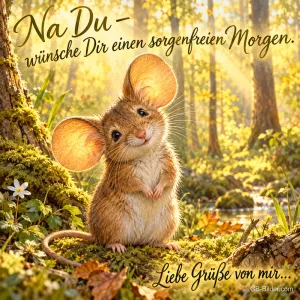 Maus mit großen Ohren steht im sonnigen Herbstwald, Text: Na Du – wünsche Dir einen sorgenfreien Morgen. Liebe Grüße von mir...