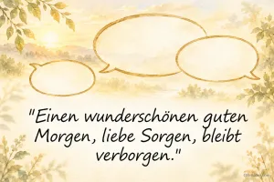 Sprechblasen über Aquarell-Landschaft, Text: Einen wunderschönen guten Morgen, liebe Sorgen, bleibt verborgen.