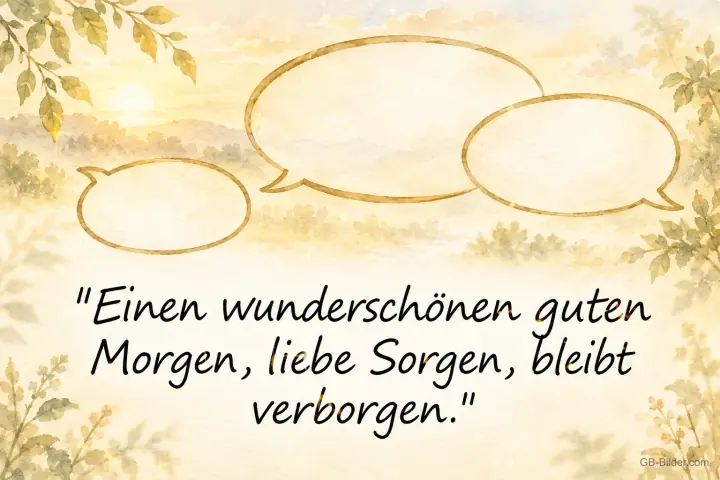 Sprechblasen über Aquarell-Landschaft, Text: Einen wunderschönen guten Morgen, liebe Sorgen, bleibt verborgen.