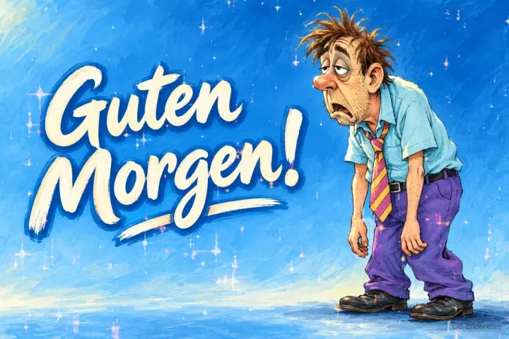 Müder zerzauster Mann mit schiefer Krawatte steht krumm, Text: Guten Morgen!