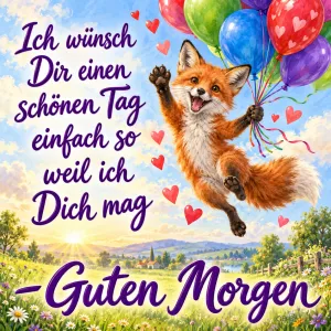 Fuchs fliegt jubelnd mit bunten Herzballons über eine Wiese, Text: Ich wünsch Dir einen schönen Tag einfach so weil ich Dich mag – Guten Morgen