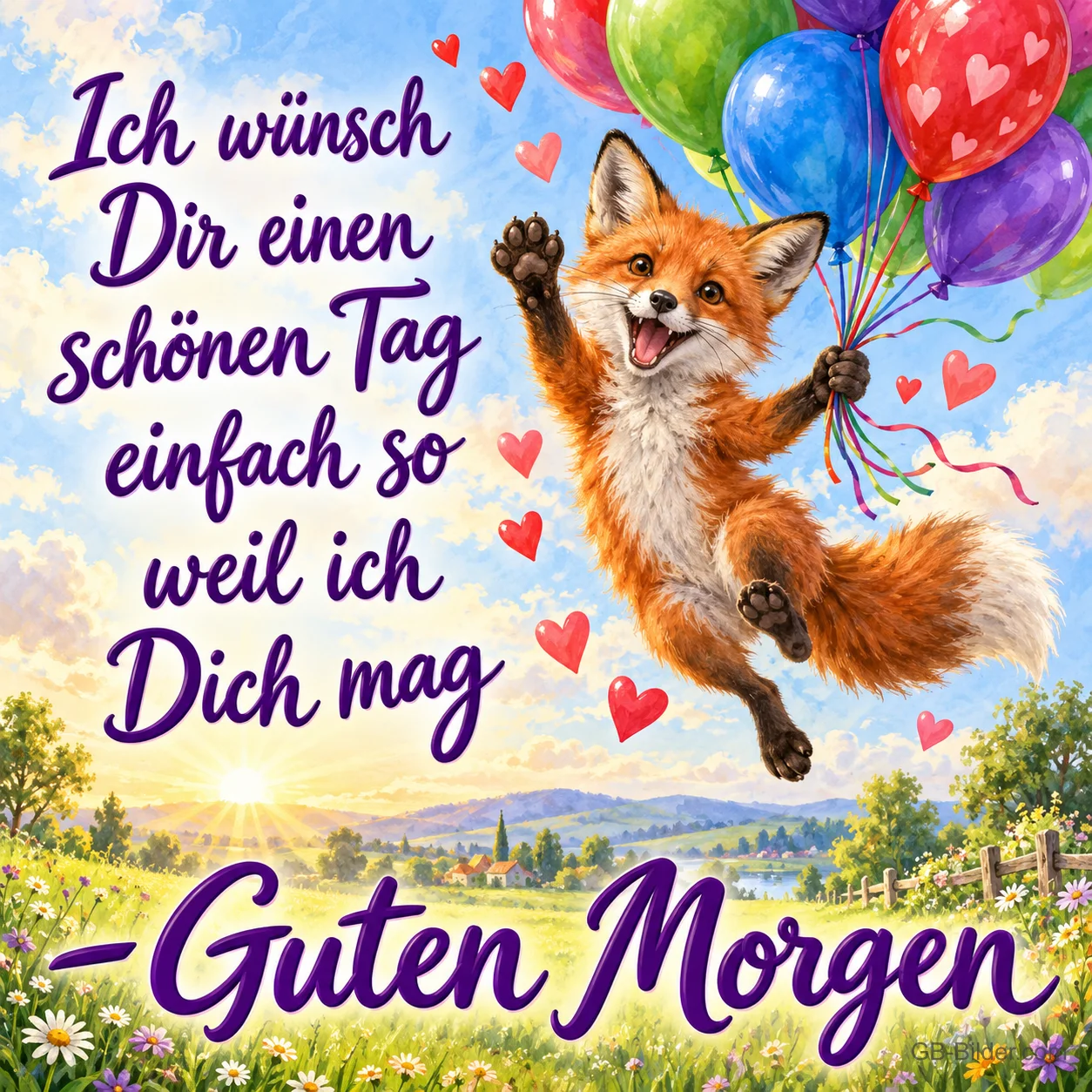 Fuchs fliegt jubelnd mit bunten Herzballons über eine Wiese, Text: Ich wünsch Dir einen schönen Tag einfach so weil ich Dich mag – Guten Morgen Fuchs fliegt jubelnd mit bunten Herzballons über eine Wiese, Text: Ich wünsch Dir einen schönen Tag einfach so weil ich Dich mag – Guten Morgen