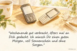 Zwei alte Handys auf einem Tisch, Spruch: Ich wünsch Dir einen guten Morgen, voll Sonnenschein und ohne Sorgen
