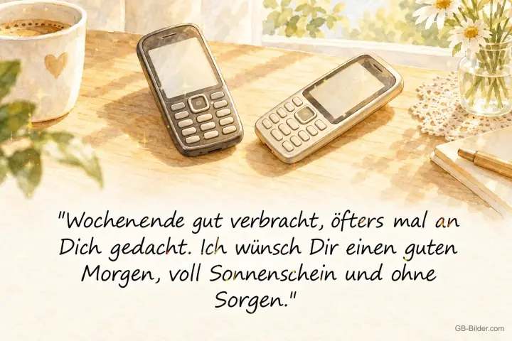 Zwei alte Handys auf einem Tisch, Spruch: Ich wünsch Dir einen guten Morgen, voll Sonnenschein und ohne Sorgen Zwei alte Handys auf einem Tisch, Spruch: Ich wünsch Dir einen guten Morgen, voll Sonnenschein und ohne Sorgen