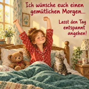 Mädchen streckt sich im Bett, Text: Ich wünsche euch einen gemütlichen Morgen