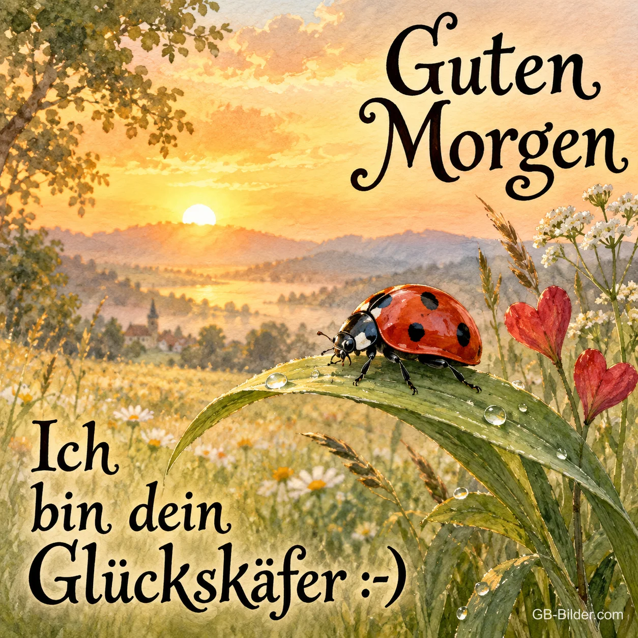 Marienkäfer im Sonnenaufgang, Text: Guten Morgen Marienkäfer im Sonnenaufgang, Text: Guten Morgen
